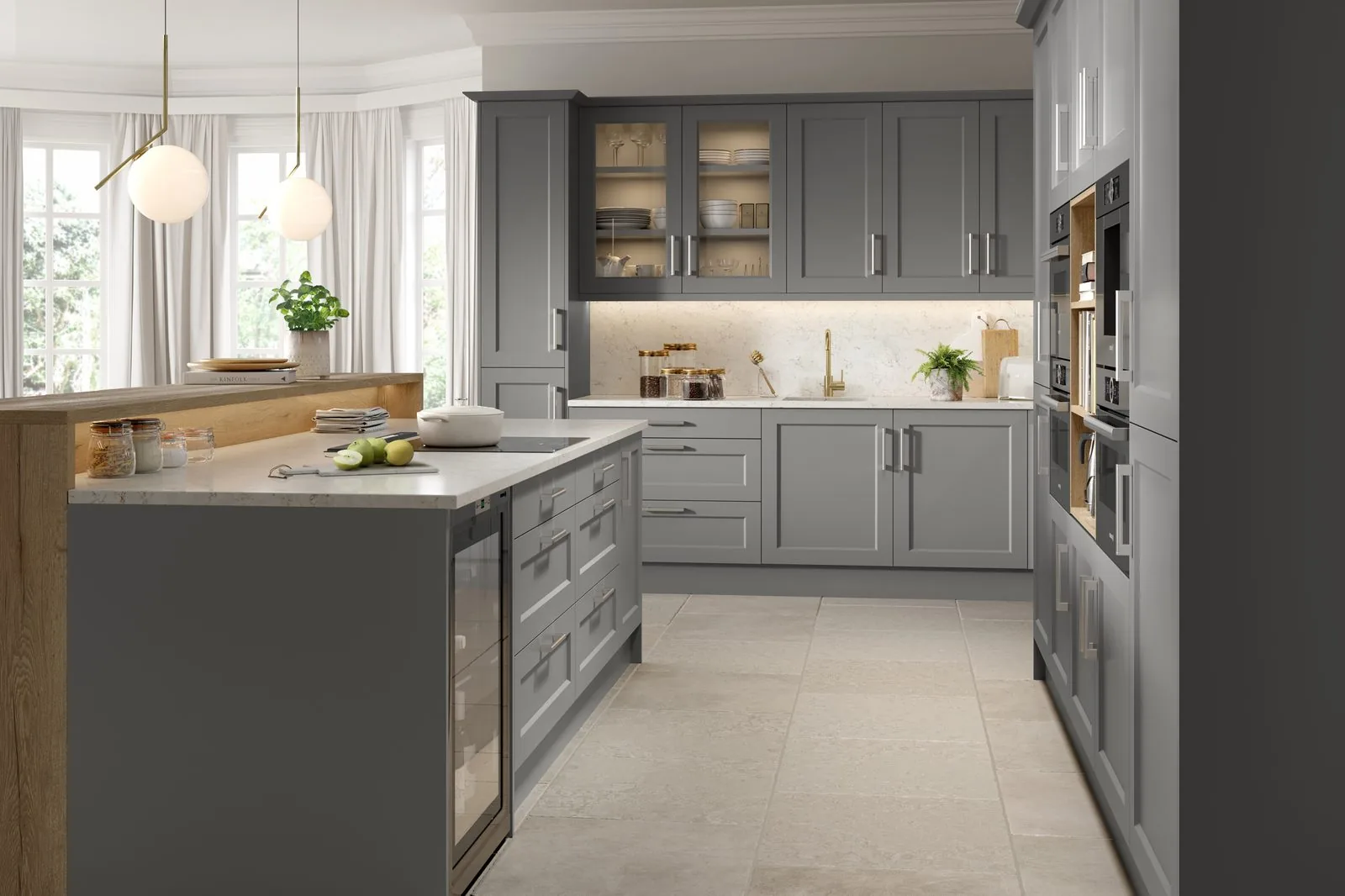 Bella Supermatt Dust Grey shaker doors in a fitted kitchen, one of the made to measure door styles available